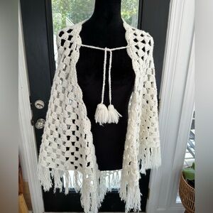 Handmade Crochet White Shawl with Tassels OSFM Cozy warm vintage prairie style